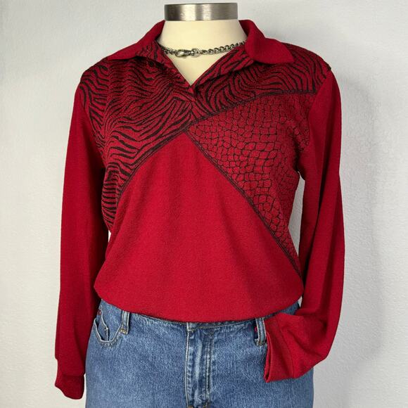 Red Vintage 90s Slightly Sparkly Red and Black Zebra Animal Print 1/4” Button Up - Picture 1 of 7